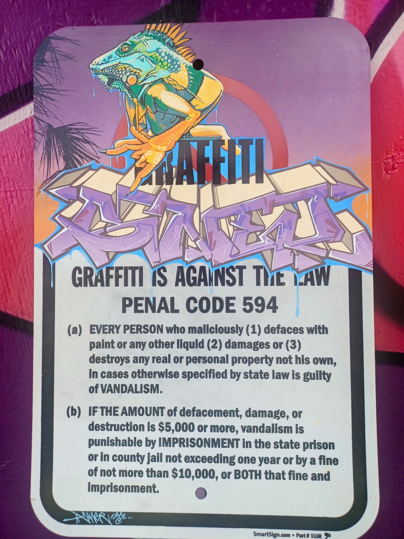 California Penal Code 594 sign transformed with iguana character and purple SINER lettering